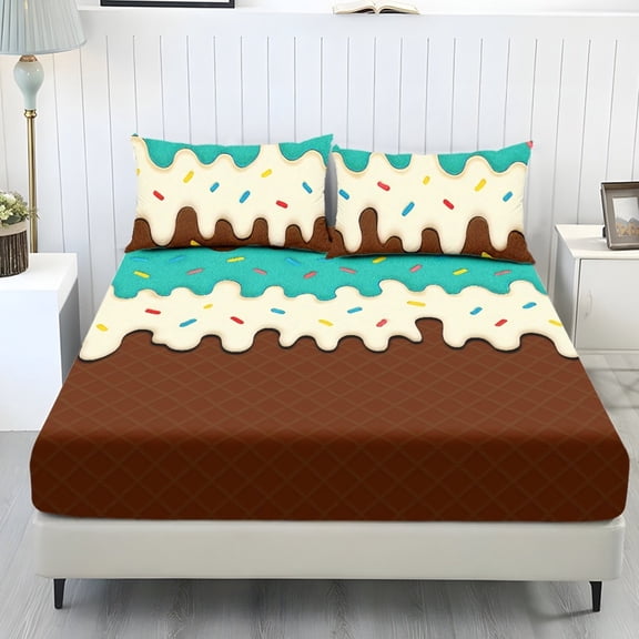 COEQINE Full Sheet Set Soft Stretchy Bedding Sheet Set 3 Pieces Deep Pocket Holiday Bedding Set with All Around Elastic Snug Fit Bottom Bedsheet, 3D Chocolate Ice Cream