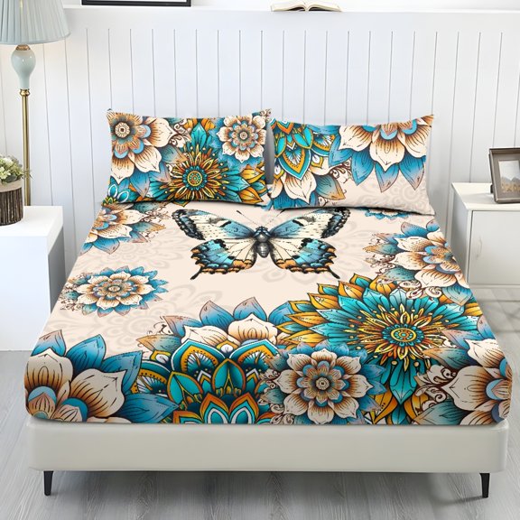 COEQINE Full Sheet Set Soft Stretchy Bedding Sheet Set 3 Pieces Deep Pocket Holiday Bedding Set with All Around Elastic Snug Fit Bottom Bedsheet, Butterfly Boho Mandala Floral