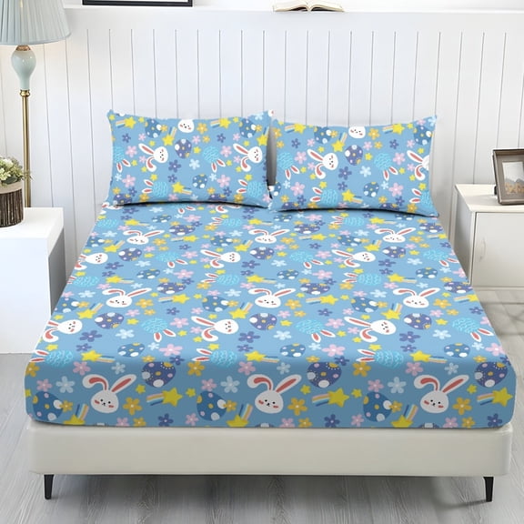 COEQINE Full Sheet Set Soft Stretchy Bedding Sheet Set 3 Pieces Deep Pocket Holiday Bedding Set with All Around Elastic Snug Fit Bottom Bedsheet, Easter Bunny Egg Flower Blue
