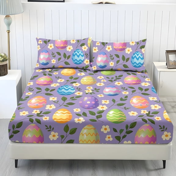 COEQINE Full Sheet Set Stretchy Fitted Bed Sheet Comfy Fade Resistant Bedsheet & Pillowcases with All Around Elastic Stay in Place for Home Decor, Easter Egg Floral Violet