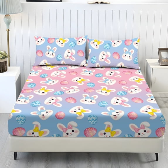 COEQINE Full Sheets 3 Pieces Bedding Set, Comfort Wrinkle Free Fitted Sheet with 2 Pillowcases, Soft Winter Bottom Bedsheet Easy & Secure Fit, Easter Rabbit Egg Pink Blue