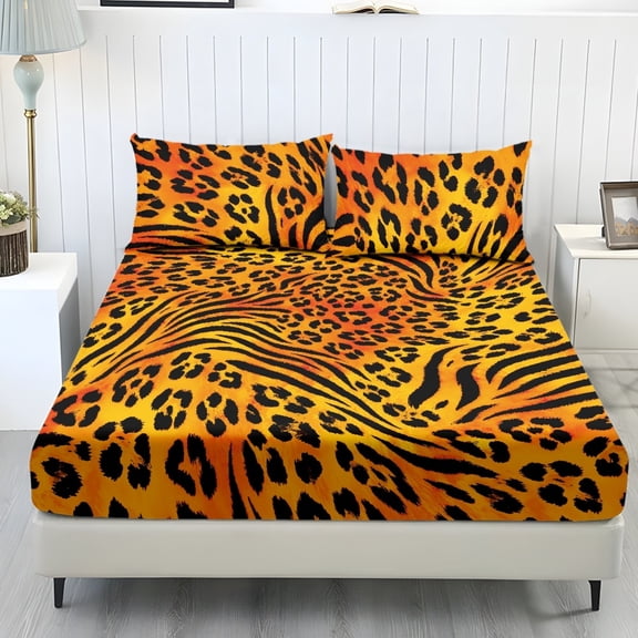 COEQINE Full Sheets 3 Pieces Bedding Set, Comfort Wrinkle Free Fitted Sheet with 2 Pillowcases, Soft Winter Bottom Bedsheet Easy & Secure Fit, Leopard Tiger Print