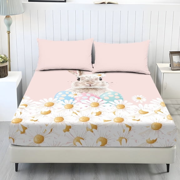 COEQINE Full Size 3 Piece Sheet Set, Stay in Place Fade Stain Resistant Cooling Bed Sheets with All Around Elastic Cozy Bedsheet & Pillowcases, Easter Bunny Egg Daisy Pink