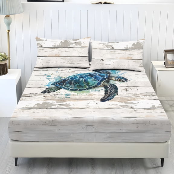 COEQINE Full Size 3 Piece Sheet Set, Stay in Place Fade Stain Resistant Cooling Bed Sheets with All Around Elastic Cozy Bedsheet & Pillowcases, Sea Turtle Wood Grain