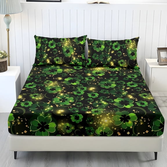 COEQINE Full Size 3 Piece Sheet Set, Stay in Place Fade Stain Resistant Cooling Bed Sheets with All Around Elastic Cozy Bedsheet & Pillowcases, St Patricks Day Shiny Clover Star