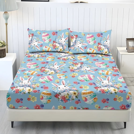 COEQINE Full Size Sheet Comfy Bedding Fitted Sheet Non-Slip Snug Fit All Around Elastic Fitted Bottom Bedsheet Holiday Bed Set 3 Pieces Set, Easter Rabbit Egg Floral Blue