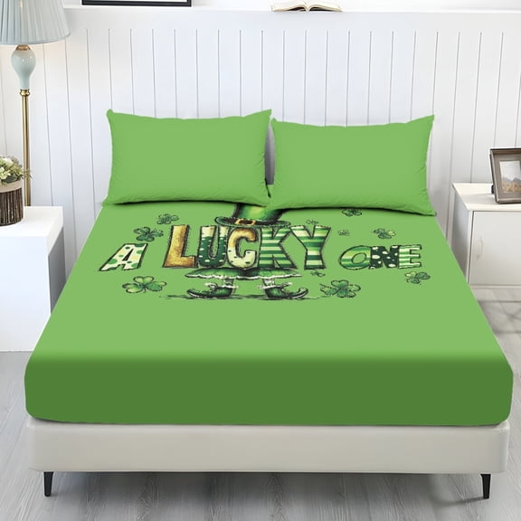 COEQINE Full Size Sheet Comfy Bedding Fitted Sheet Non-Slip Snug Fit All Around Elastic Fitted Bottom Bedsheet Holiday Bed Set 3 Pieces Set for Saint Patrick's Day Decor, A Lucky One Text
