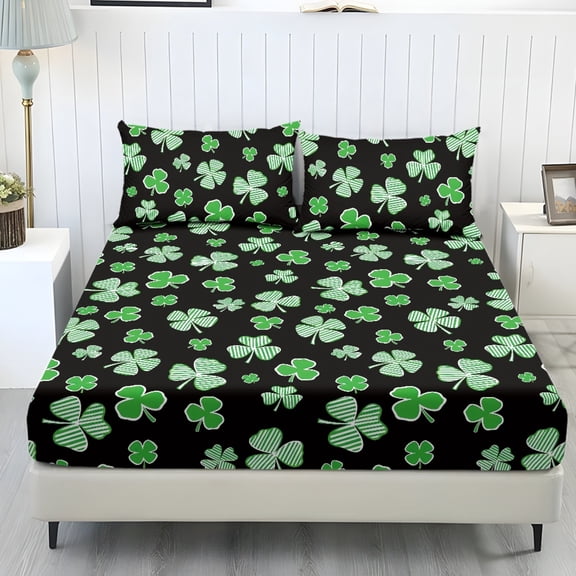 COEQINE Full Size Sheet Comfy Bedding Fitted Sheet Non-Slip Snug Fit All Around Elastic Fitted Bottom Bedsheet Holiday Bed Set 3 Pieces Set for St. Patrick's Day Decor, Green Stripes Shamrock