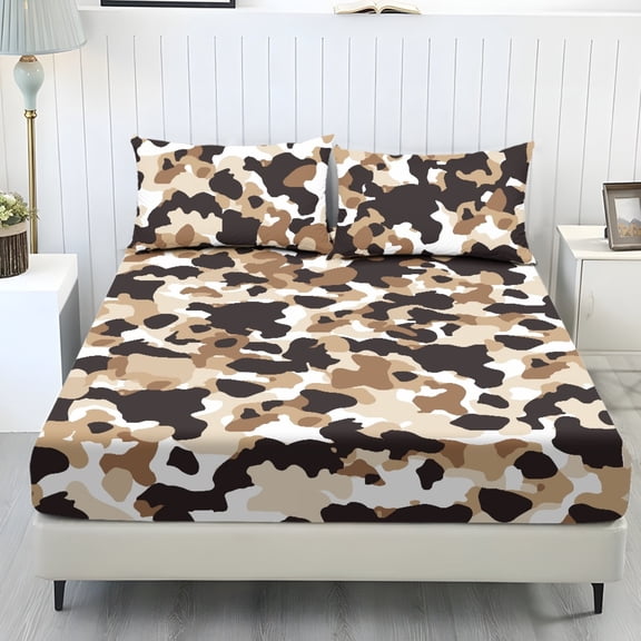 COEQINE Full Size Sheet Set 3 Pieces, Includes Bedding Sheets & Pillowcases, All Around Elastic Fitted Long Lasting All Season for Women Men, Brown Camouflage