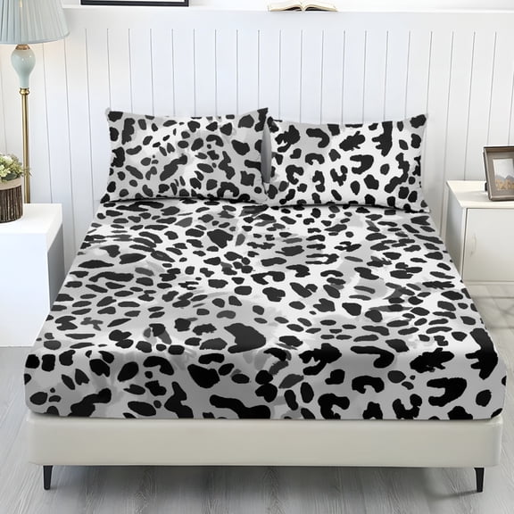COEQINE Full Size Sheet Set 3 Pieces, Includes Bedding Sheets & Pillowcases, All Around Elastic Fitted Long Lasting All Season for Women, Men, Leopard Print Gray