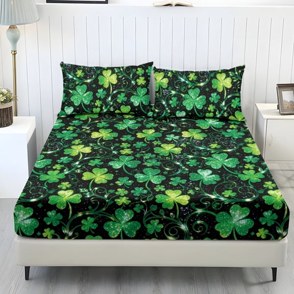COEQINE Full Size Sheet Set 3 Pieces, Includes Bedding Sheets & Pillowcases, All Around Elastic Fitted Long Lasting All Season for Women Men for St. Patrick's Day Decor, Glitter Green Shamrock