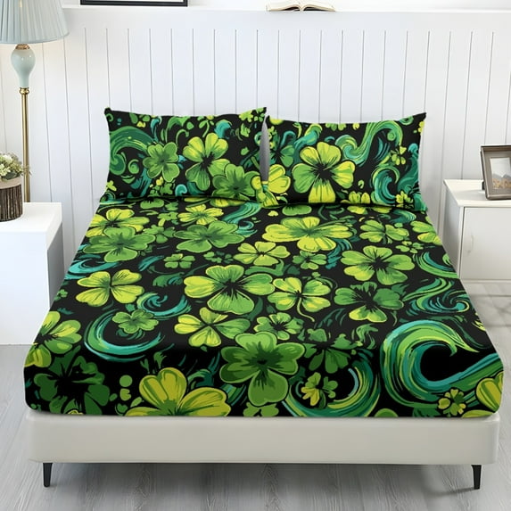 COEQINE Full Size Sheet Set Comfy Easy Care 3 Pieces Bedding Set Include 1 Fitted Sheet & 2 Pillowcases, All Around Elastic Fitted for St. Patrick's Day Decor, Modern Clover Green