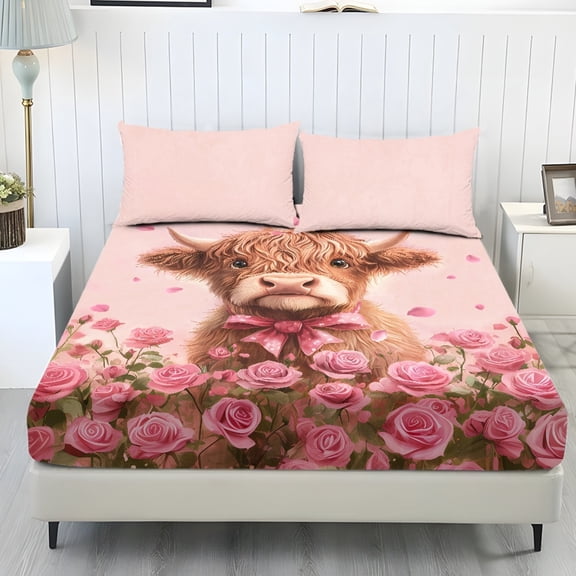COEQINE Full Size Sheet Set Comfy Easy Care 3 Pieces Bedding Set Include 1 Fitted Sheet & 2 Pillowcases, All Around Elastic Fitted for Valentine's Day Decor, Highland Cow Rose Pink