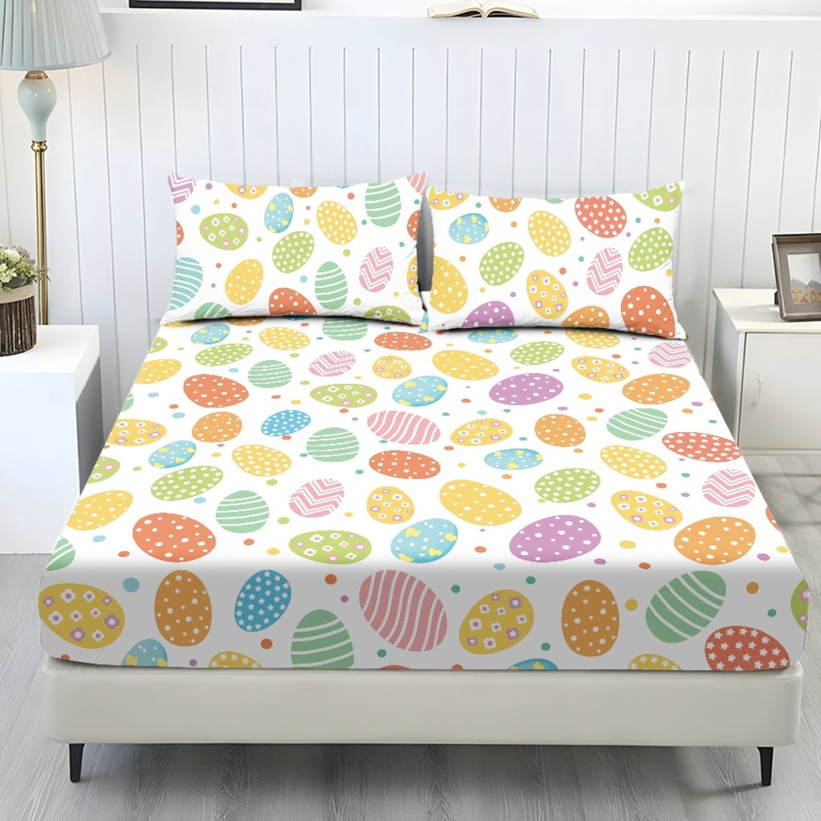COEQINE Full Size Sheet Set Comfy Easy Care 3 Pieces Bedding Set Include 1 Fitted Sheet & 2 Pillowcases, All Around Elastic Fitted for Women Men, Colorful Easter Egg