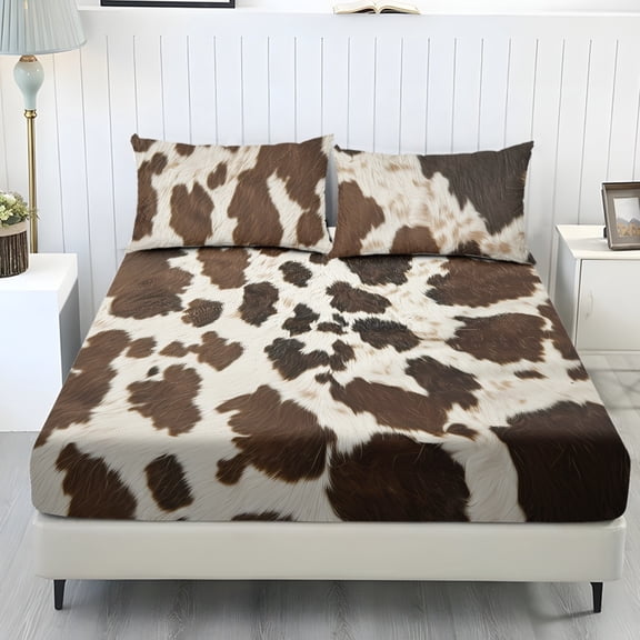 COEQINE Full Size Sheet Set Cozy Easy & Secure Fit Stretchy 3 Pieces Bedding Sheet Set Bottom Bedsheet with All Around Elastic for Home Decor, Brown Cowhide Cow Print