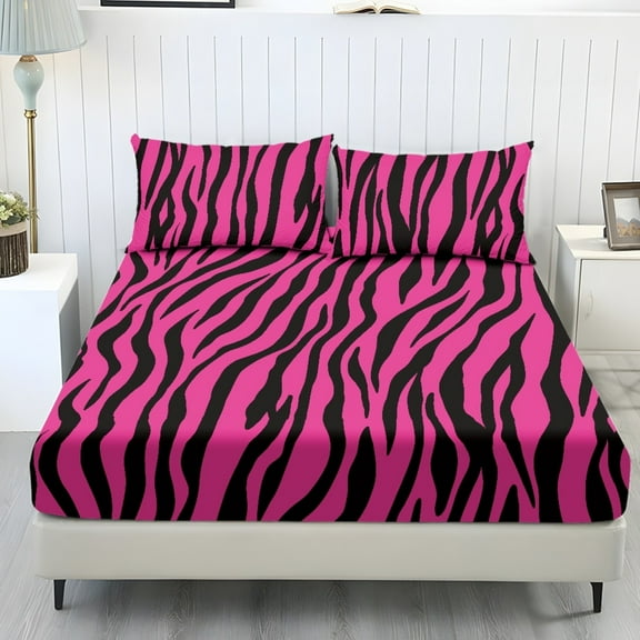 COEQINE Full Size Sheet Set Cozy Easy & Secure Fit Stretchy 3 Pieces Bedding Sheet Set Bottom Bedsheet with All Around Elastic for Home Decor, Pink Zebra Print