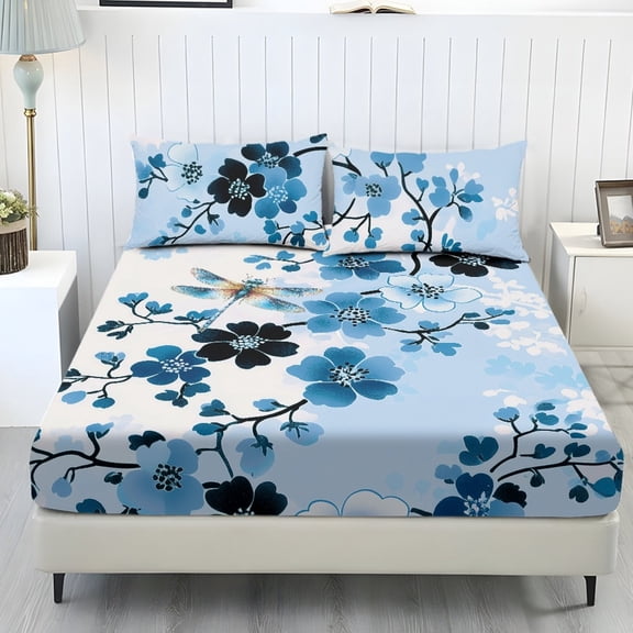 COEQINE Full Size Sheet Set Cozy Easy & Secure Fit Stretchy 3 Pieces Bedding Sheet Set Bottom Bedsheet with All Around Elastic for Home Decoration, Blue Floral Dragonfly