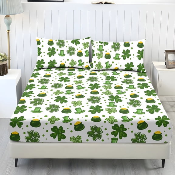 COEQINE Full Size Sheet Set Cozy Easy & Secure Fit Stretchy 3 Pieces Bedding Sheet Set Bottom Bedsheet with All Around Elastic for St Patricks Day Decor, Cute Clover Leprechaun Hat
