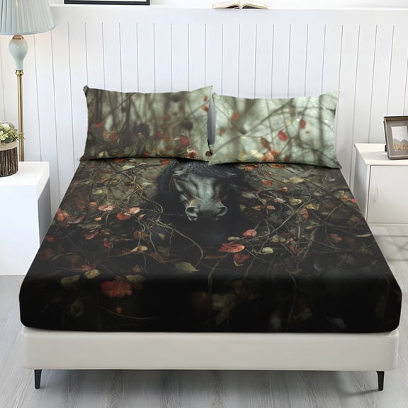 COEQINE Full Size Sheet Set Cozy Fade Resistant 3 Pieces Bedding Sheet Set All Season Bottom Bedsheet with All Around Elastic for Home Decor, Black Horse Camouflage Hunting