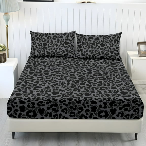 COEQINE Full Size Sheet Set Cozy Fade Resistant 3 Pieces Bedding Sheet Set All Season Bottom Bedsheet with All Around Elastic for Home Decor, Black Leopard Print