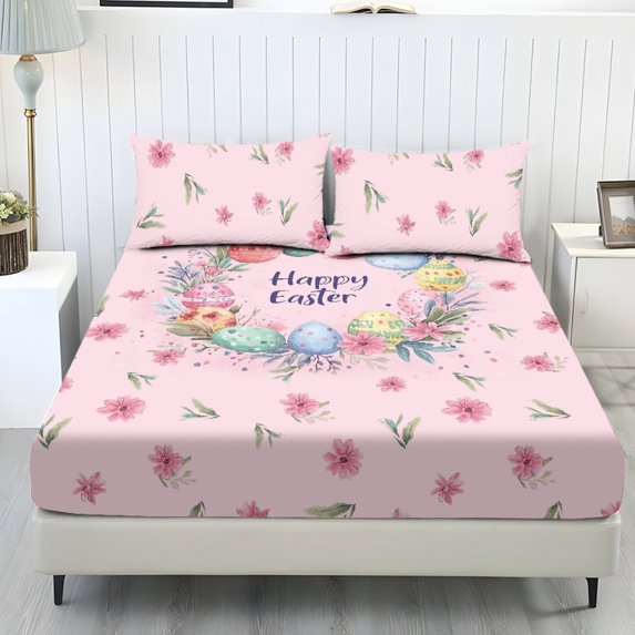 COEQINE Full Size Sheet Set Cozy Fade Resistant 3 Pieces Bedding Sheet Set All Season Bottom Bedsheet with All Around Elastic for Home Decor, Happy Easter Floral Pink