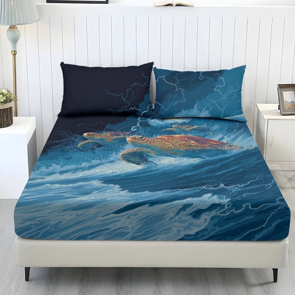 COEQINE Full Size Sheet Set Cozy Fade Resistant 3 Pieces Bedding Sheet Set All Season Bottom Bedsheet with All Around Elastic for Home Decor, Sea Turtle Lightning Sea