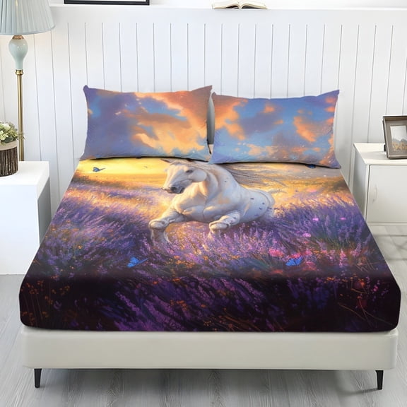 COEQINE Full Size Sheet Set Cozy Fade Resistant 3 Pieces Bedding Sheet Set All Season Bottom Bedsheet with All Around Elastic for Home Decor, White Horse Lavender