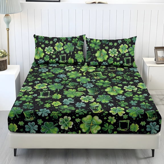 COEQINE Full Size Sheet Set Soft Wrinkle Free 3 Pieces Bed Sheets Set with Deep Pocket Bedsheet & Pillowcases Home Decor for Full Size Bed, Cute Clover Leprechaun Hat