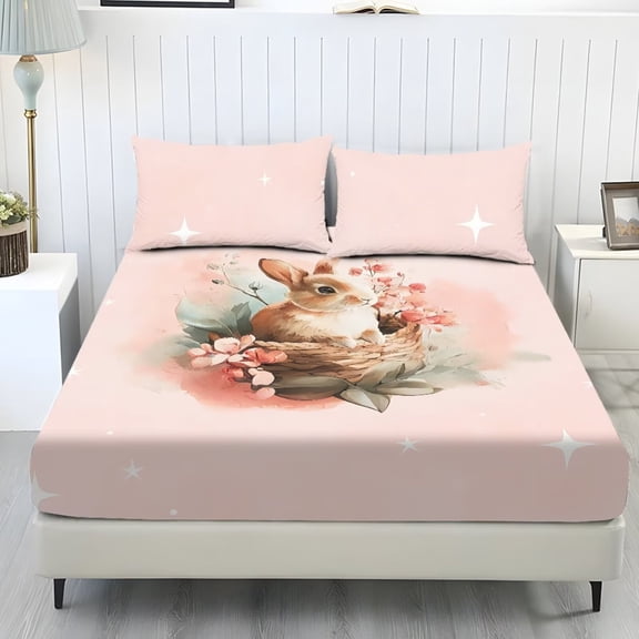 COEQINE Full Size Sheet Set Soft Wrinkle Free 3 Pieces Bed Sheets Set with Deep Pocket Bedsheet & Pillowcases Home Decor for Full Size Bed, Easter Bunny Flower Basket Pink