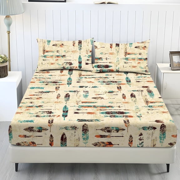 COEQINE Full Size Sheet Soft Wrinkle Free Fitted Sheet with 2 Pillowcases, Fade Resistant Easy Care Non-Slip Bedsheet for for Full Size Bed, Vintage American Feather Arrow