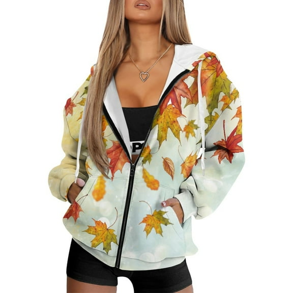 COEQINE Full Zip Up Sweatshirts Women's Fashion Oversized Hoodie Autumn Maple Leaf Print Long Sleeve Y2K Hooded Jacket for Women Fall Outfits Casual Wear with Pockets, L