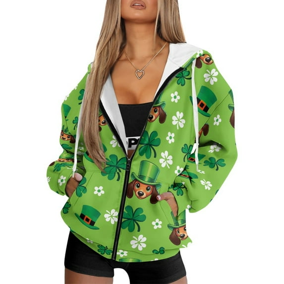 COEQINE Full Zip Up Sweatshirts Women's Long Sleeve Hoodie Oversized Soft Jacket with Pockets Shamrock Leprechaun Hat and Dog Green Print Fashion Casual Wear for St. Patrick's Day, L