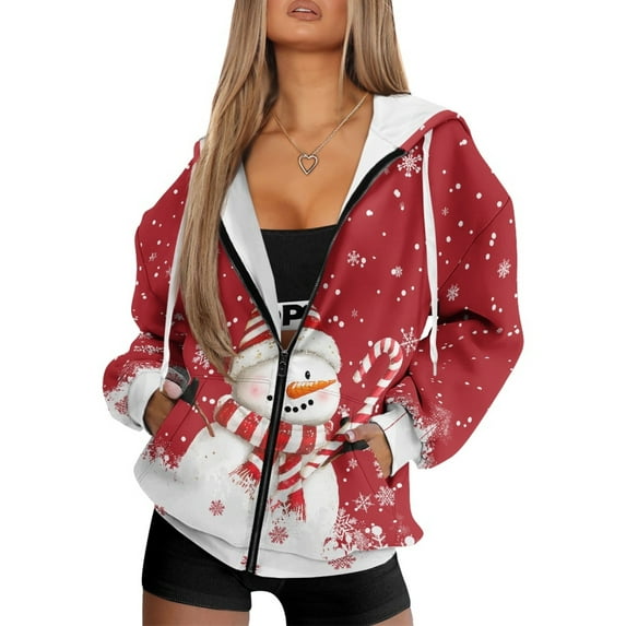 COEQINE Full Zip Up Women's Hoodie Fashion Long Sleeve Sweatshirts Oversized Soft Casual Outfits Christmas Snowman and Snowflakes Pattern Pockets Drawstring Hooded Clothes, XL