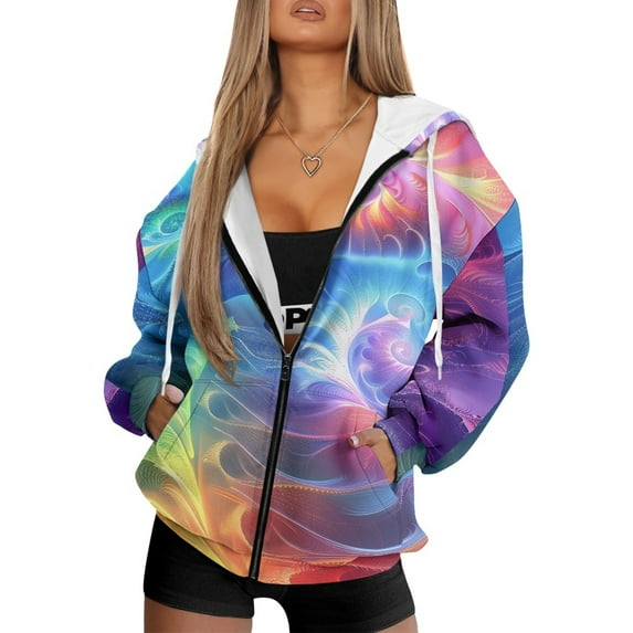 COEQINE Full Zip Up Women's Hoodie Fashion Y2K Oversized Sweatshirts Jacket Rainbow Gradient Print with Pockets Long Sleeve Sweater Soft Casual Wear, S