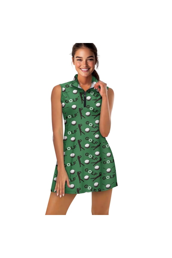 GOLF Ball and Club Dark Green Print Women's Golf Dress Sleeveless V-Neck Exercise Dresses with Built in Shorts and Pockets Soft Quick Dry Workout Outfits with 2 Piece Set, 2XL