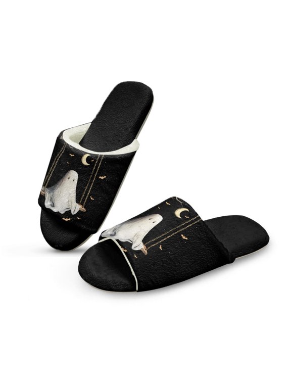 Ghost Black Women Slippers for Home, Halloween Fuzzy Flannel Slippers Y2K Slip On Bedroom Shoes Comfortable Open Toe Indoor Slides Fleece Home Sandals Womens Footwear, 36-37