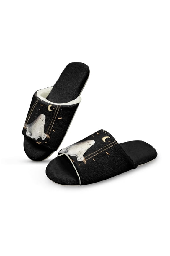 Ghost Black Women Slippers for Home, Halloween Fuzzy Flannel Slippers Y2K Slip On Bedroom Shoes Comfortable Open Toe Indoor Slides Fleece Home Sandals Womens Footwear, 36-37