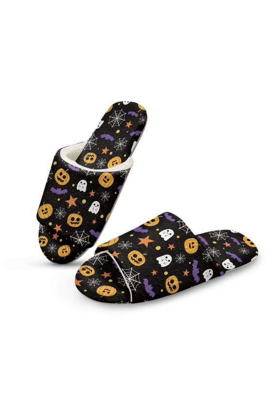 Ghost Pumpkin Bat Slip On Slippers Womens Fluffy Halloween Slippers Soft Indoor Sandals Cute House Slides Comfortable Open Toe Slip On House Shoes Footwear for Bedroom Travel, 46-47