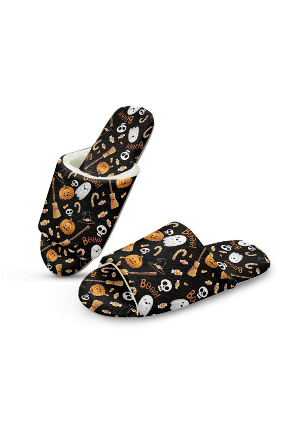 Ghost Pumpkin Skull Womens Warm Slippers Portable Halloween Indoor Sandals Flannel House Slides Open Toe Bedroom Slippers Machine Washable Women Footwear for Hotel Business Trip, 38-39