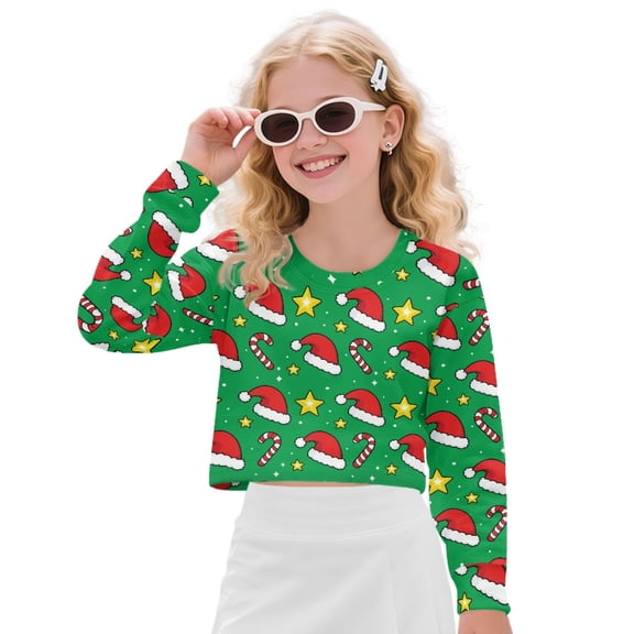 COEQINE Girls Crop Sweatshirt, Soft Crew Neck Long Sleeve Fall Winter Pullover, Breathable Loose Fit Crop Top for Kids Teen Age 13-14, Christmas Hat Candy Green