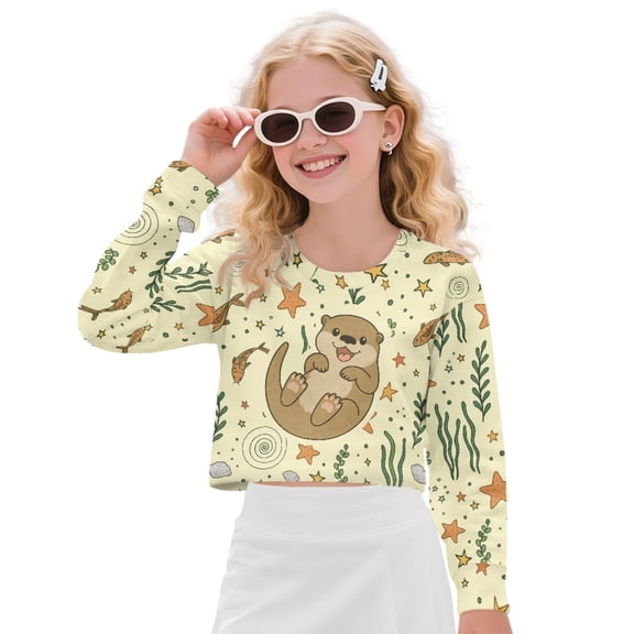 COEQINE Girls Crop Sweatshirt, Soft Crew Neck Long Sleeve Fall Winter Pullover, Breathable Loose Fit Crop Top for Kids Teen Age 9-10, Otter Yellow