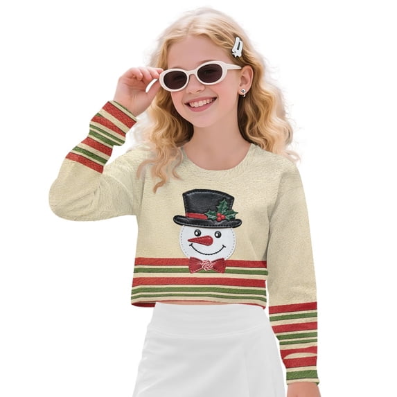 COEQINE Girls Crop Top for School Style, Long Sleeve Fall Winter Sweatshirt, Cute Party Casual Pullover with Loose Fit for Kids Age 5-6, Snowman Red Green Stripes