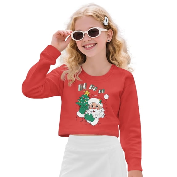 COEQINE Girls Crop Tops Long Sleeve Sweatshirt for Fall, Soft Everyday Crewneck Pullover Loose Fit T-Shirts for 13-14 Years Teen Kids, Santa Claus Ho Ho Ho