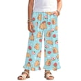 thumbnail image 1 of COEQINE Girls' Cute Pants Elastic Waist Ruffled Long Pants Pocket Wide Leg Trousers Printed Pants Baggy Trendy Streetwear for Girls 13-14 Y, Capybara Strawberry Blue, 1 of 8