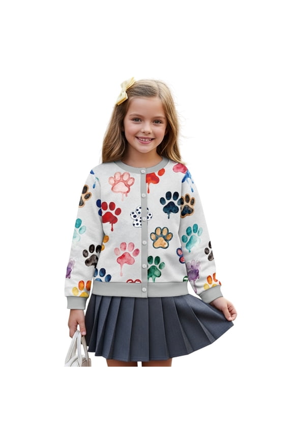 Girls Fashion Cardigan, Lightweight Long Sleeve Printed Cover Up, Soft Polyester Round Neck Button Down Top Fall Jackets, Machine Washable, Ages 5-6, Colorful Paw Gray