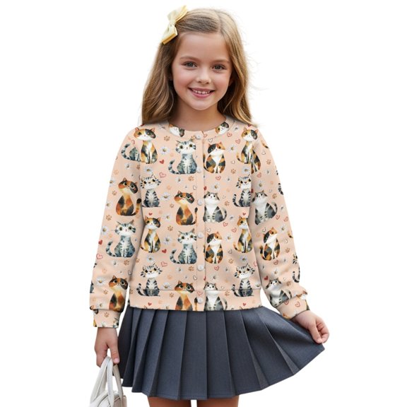 COEQINE Girls Holiday Cardigan Jackets, Adorable Print Lightweight Cover Up, Long Sleeve Polyester Fall Tops for Vacation, Family Photos and Special Days, 11-12Y, Cat Paw Daisy Heart