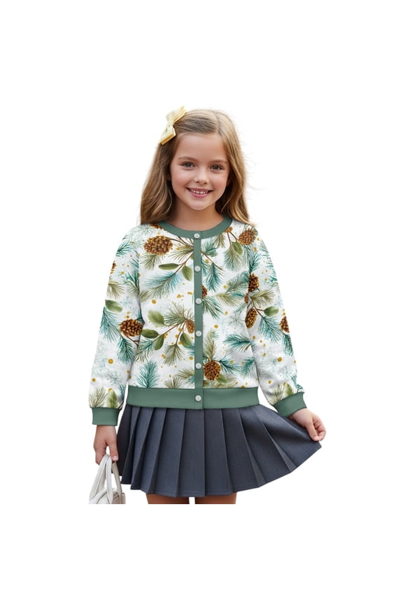 Girls Holiday Cardigan Jackets, Adorable Print Lightweight Cover Up, Long Sleeve Polyester Fall Tops for Vacation, Family Photos and Special Days, 9-10Y, Pine Cone Needles Leaves