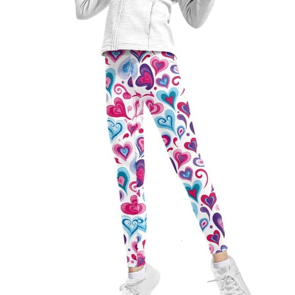 COEQINE Girls Leggings High Waist Stretch Yoga Pants Soft Tummy Control Sport Legging, for 4-5 Years Kids Girls for Valentines Day, Blue Pink Heart