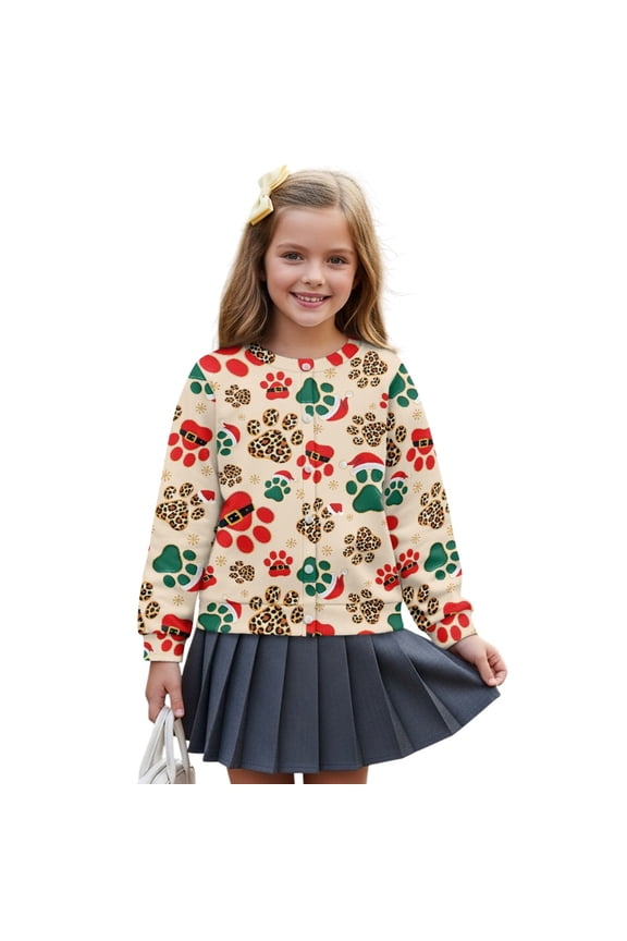Girls Lightweight Jacket Long Sleeve Cardigan with Print, Polyester Crewneck Button Front Sweater Alternative, Machine Washable Outdoor & School Wear, 11-12Y, Christmas Paw Leopard Print