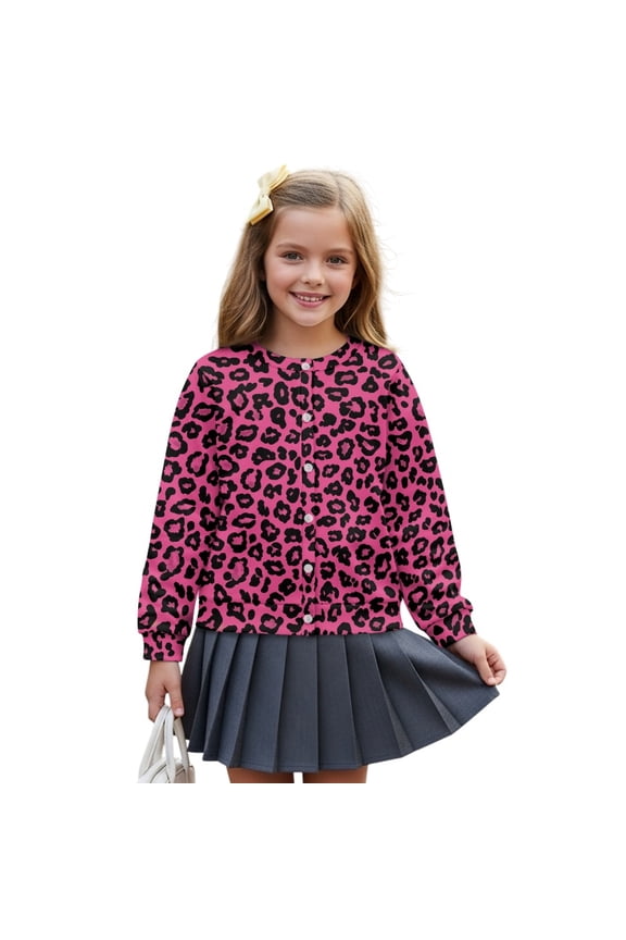 Girls Long Sleeve Cardigan with Print, Lightweight Polyester Crewneck Button Front Jacket, Soft Machine Washable Top for School and Casual Wear, Ages 11-12, Leopard Print Dark Pink